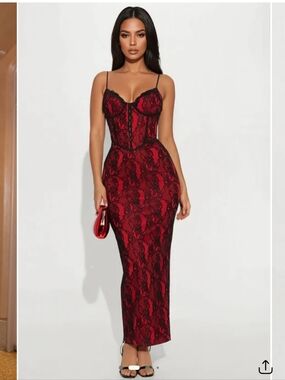 Fashion Nova Head Turner Red and Black Lace Maxi Dress Size Small